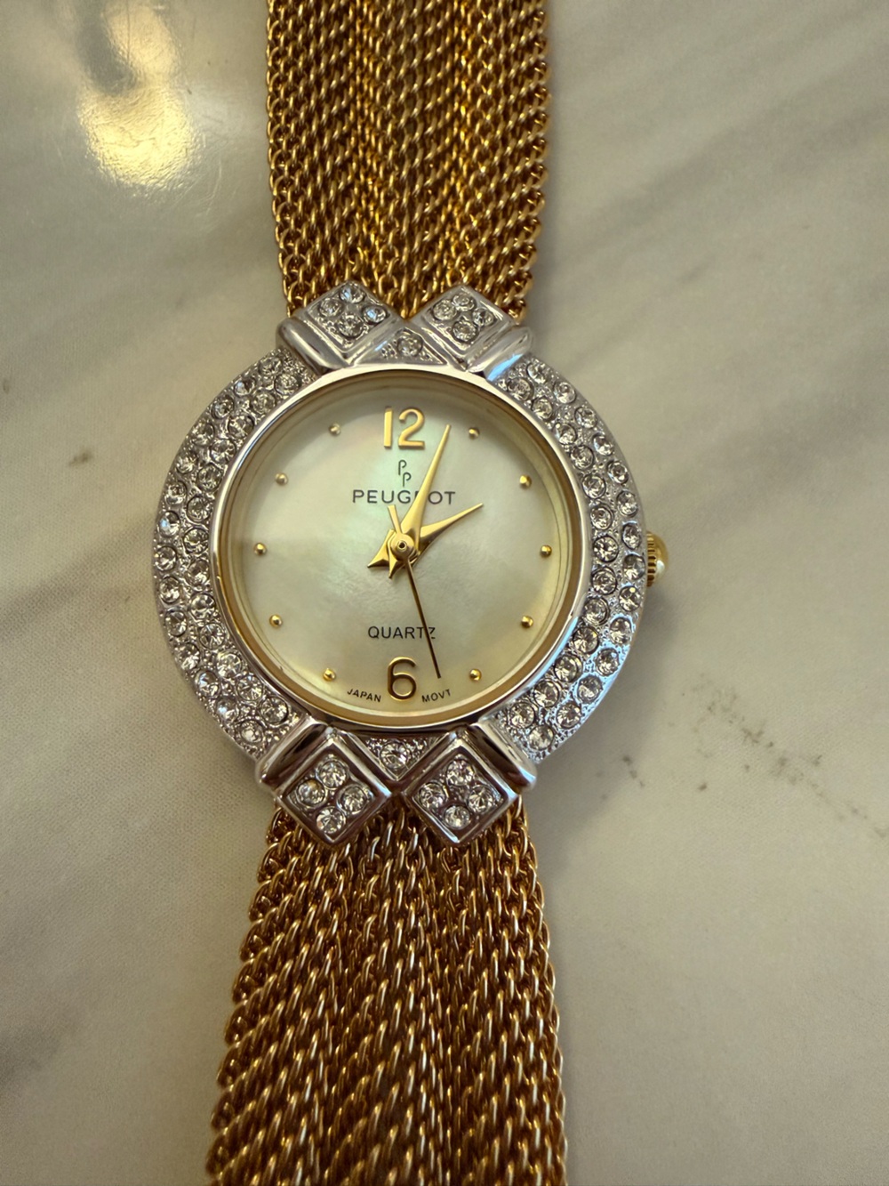 Peugeot Gold-Tone Mesh Bracelet Watch with Crystal Bezel